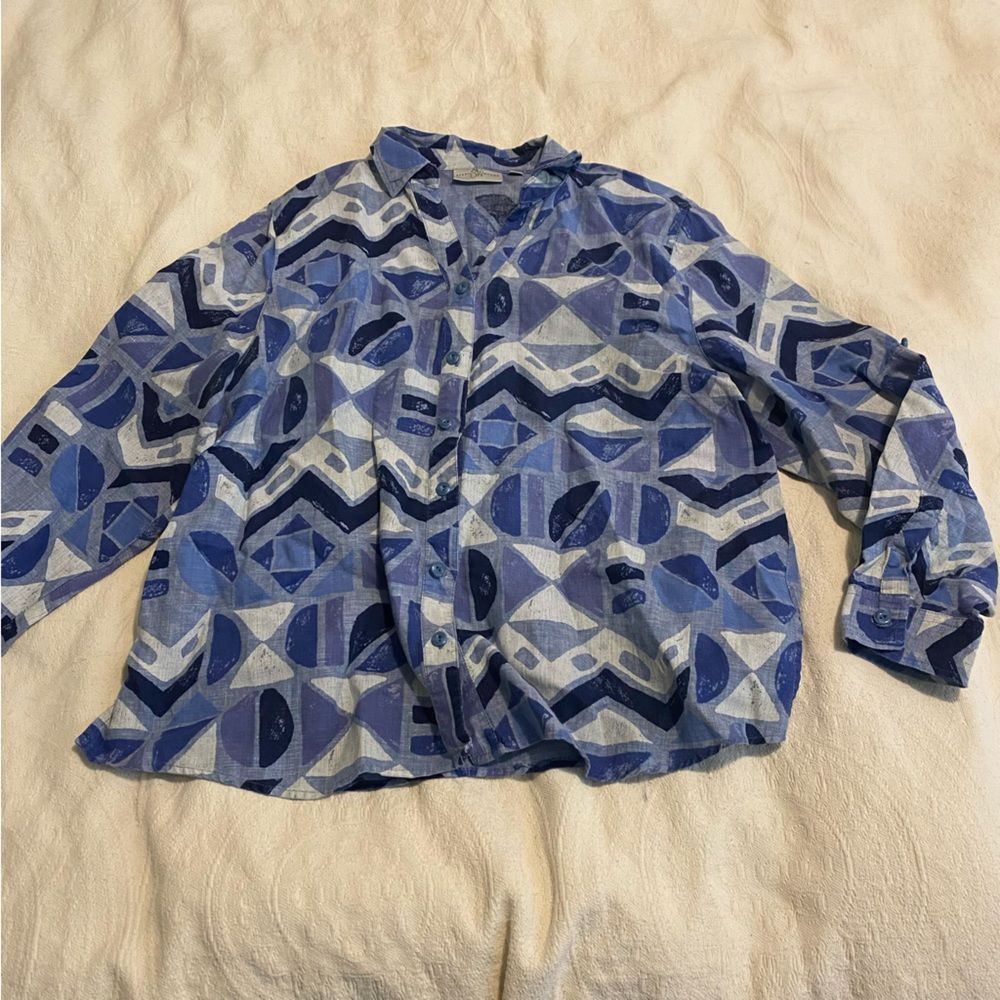 Studio Works Size XL Geometric Abstract Blue 100% Linen Button Down Blouse